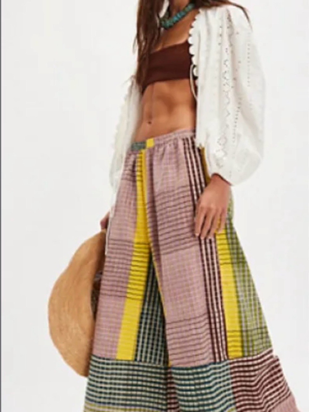 RUJUTA SHETH wide-Leg Plaid Patchwork Pants in yellow , pink, & burgundy